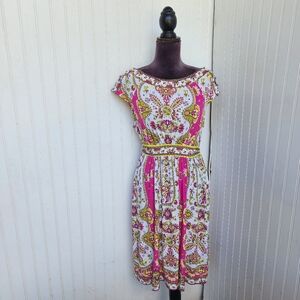 Eci Stretch Dress Women Pink White Floral Beaded Round Neck Tie Back Sz 12